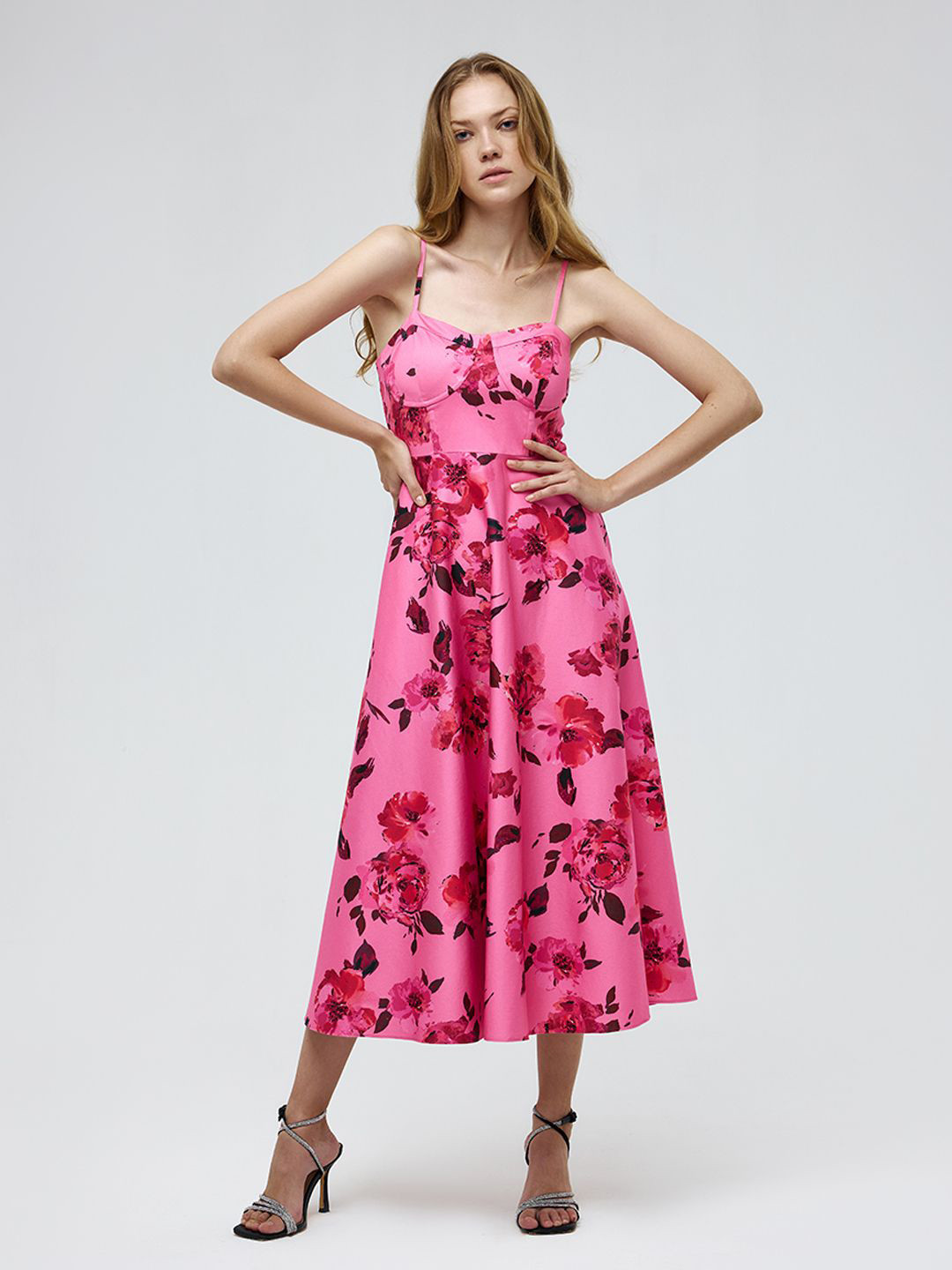COVER STORY Floral Print Satin A-Line Midi Dress