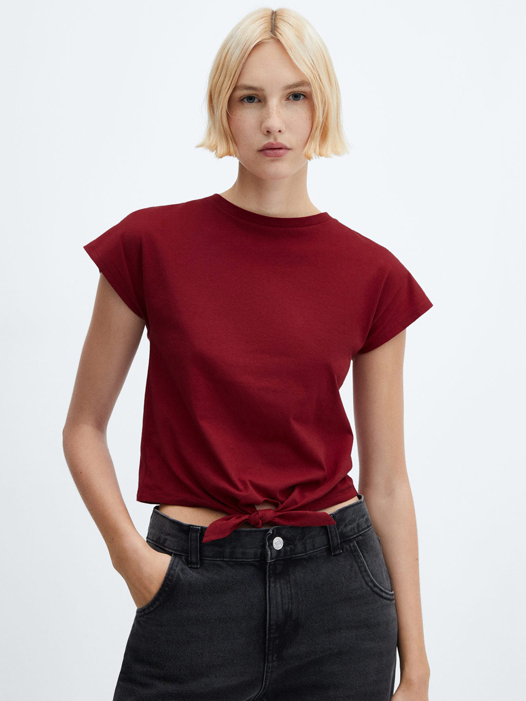 MANGO Tie Up Waist Extended Sleeves Pure Cotton T-shirt