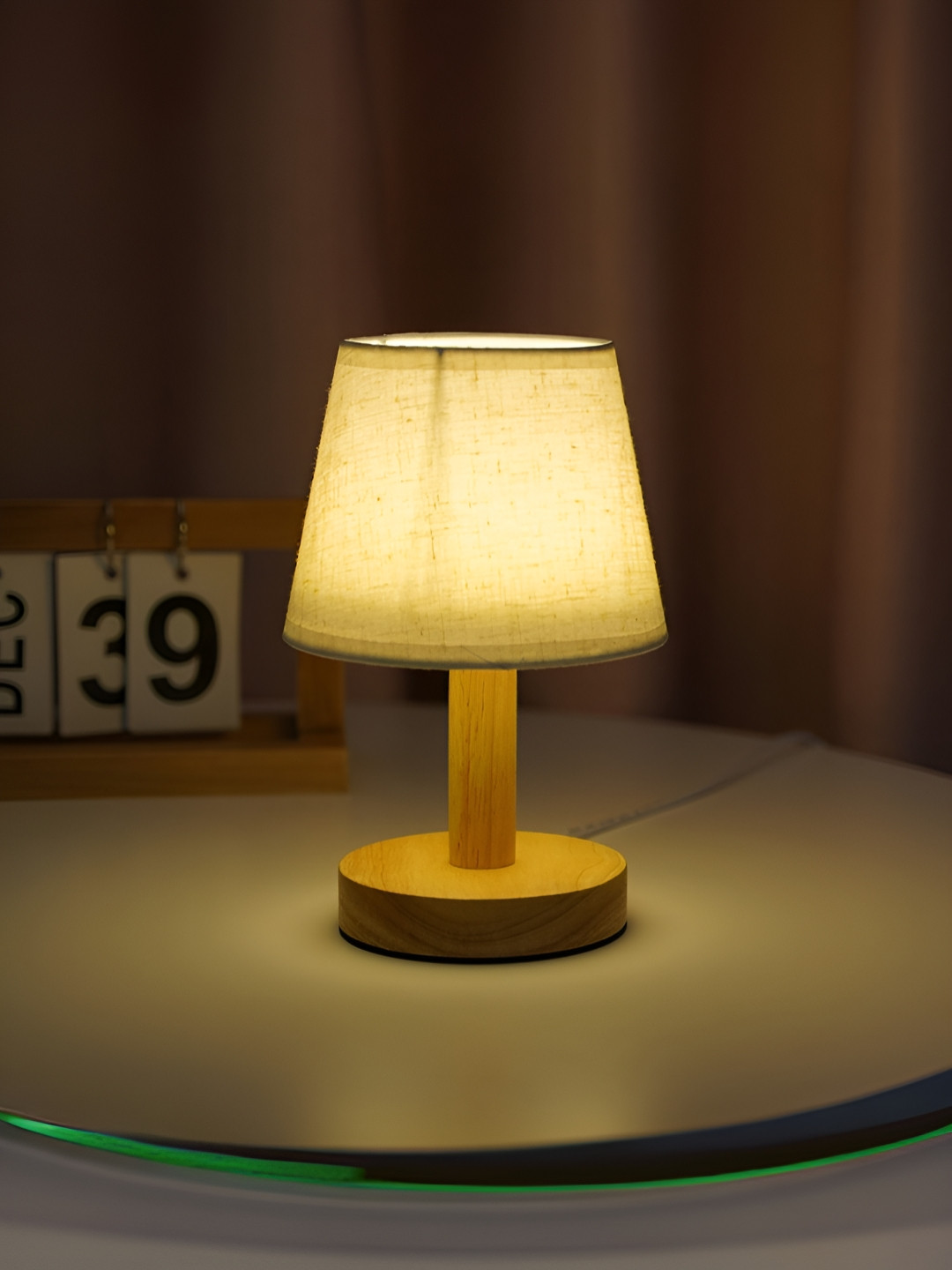 The Better Home Brown Wooden Base & Fabric Shade Dimmable Table Lamp