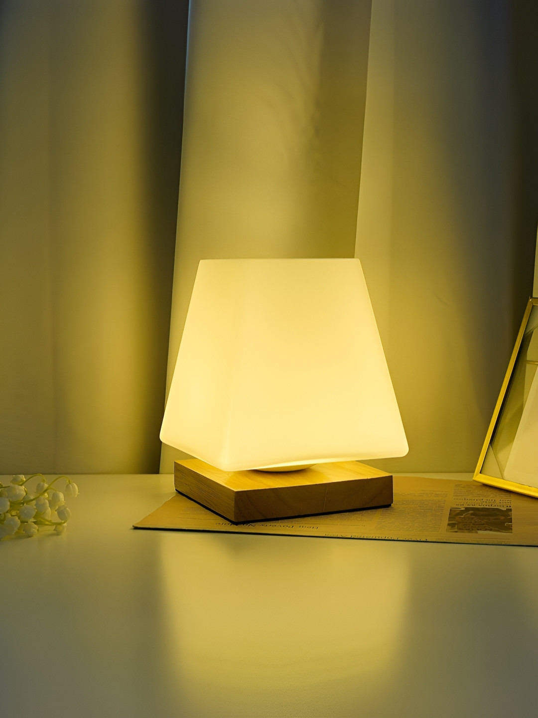 The Better Home Brown & Off White Wood & Diffused Glass Dimmable Table Lamp