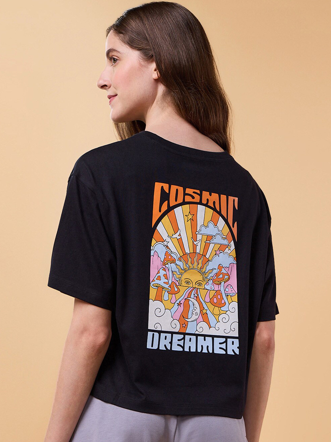 Enamor Graphic Printed Drop-Shoulder Sleeves Cotton Boxy Lounge Tshirts