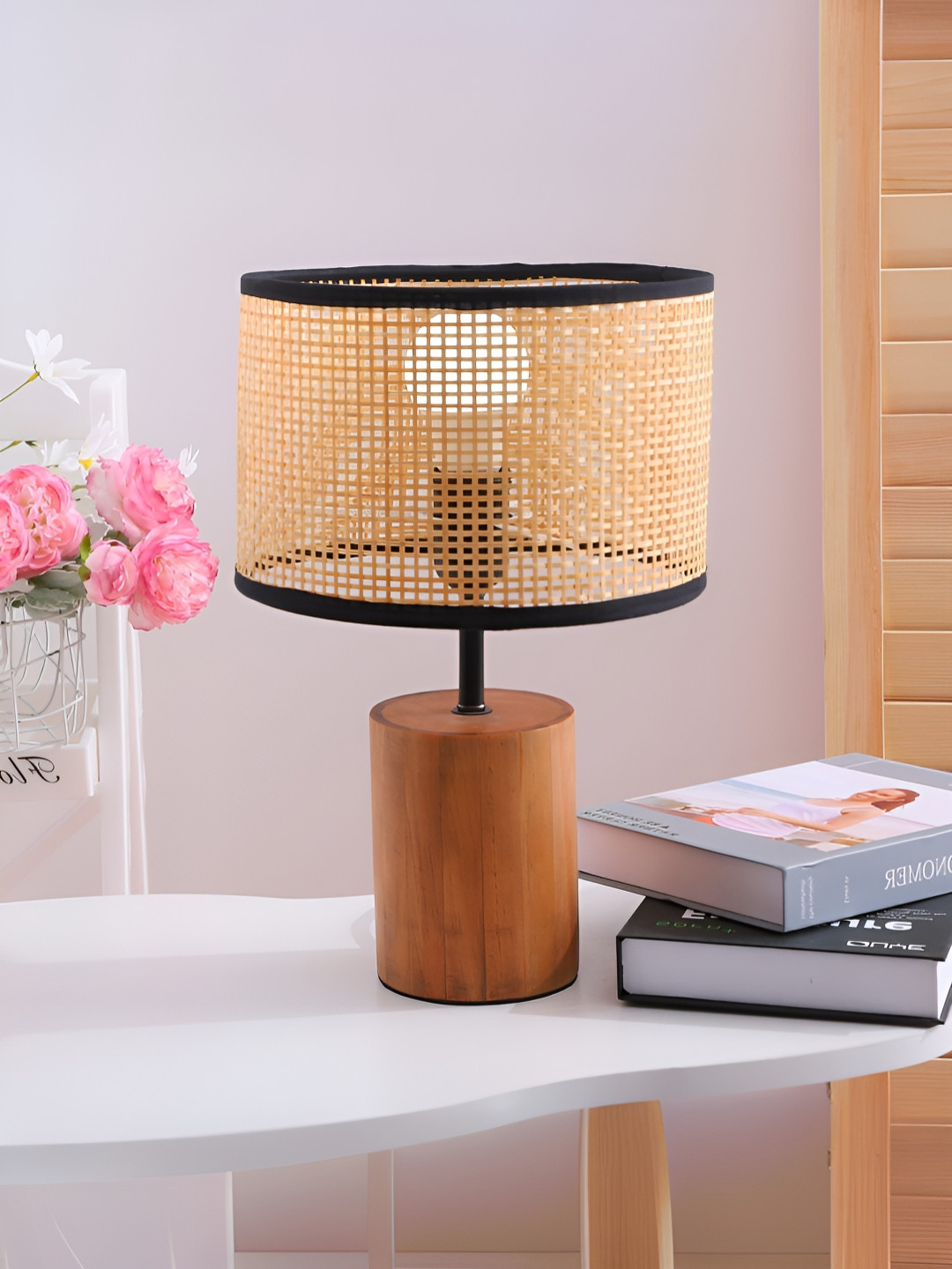 The Better Home Brown Wooden Base Steel Frame Cylindrical Table Lamp