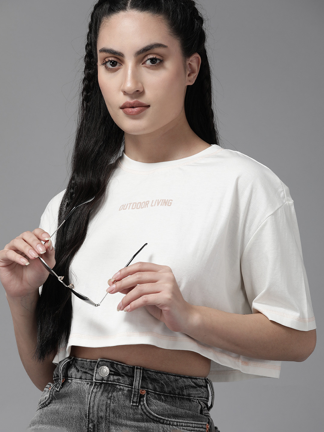 The Roadster Lifestyle Co. Printed Drop-Shoulder Sleeves Cotton Super Crop Boxy T-shirt