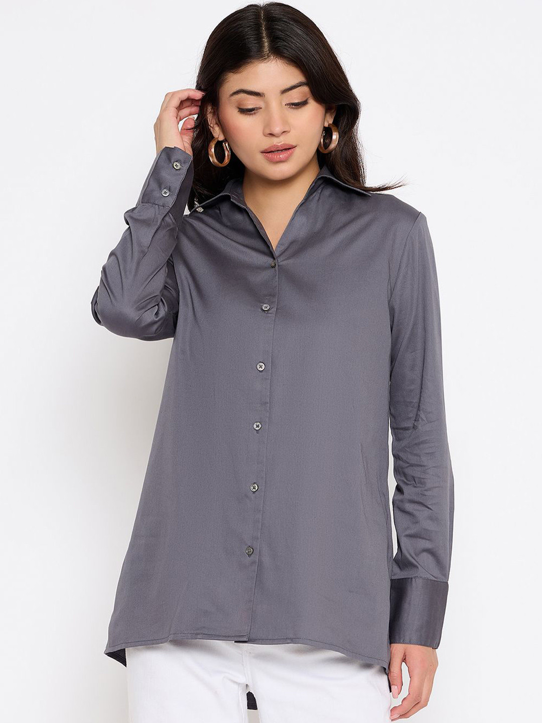 Antimony Women Standard Spread Collar Solid Cotton Casual Shirt