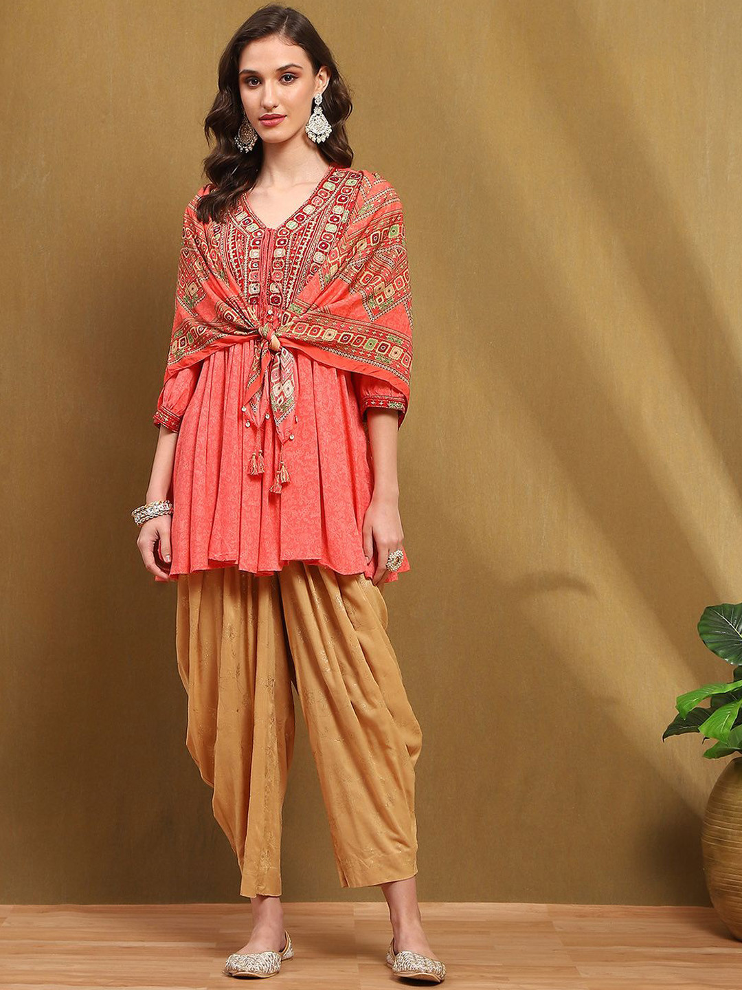Biba Ethnic Motifs Embroidered A-Line Mirror Work Kurti with Salwar & Scarf