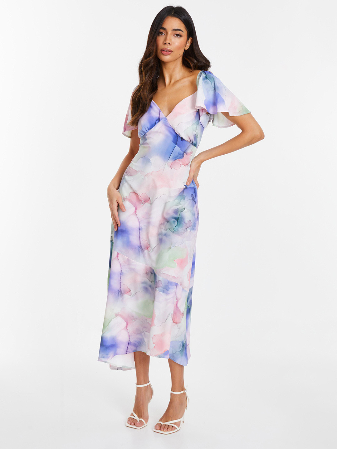 QUIZ Women Tie and Dye Dyed Flutter Sleeve Maxi Midi Dress