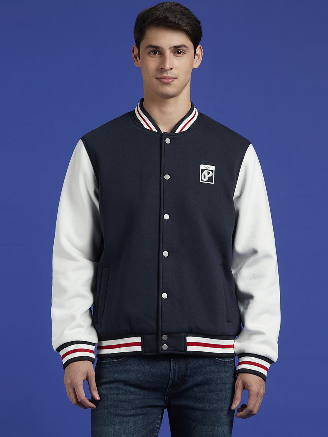 Pepe Jeans Men Stand Collar Graphic Printed Cotton Casual Bomber Jacket