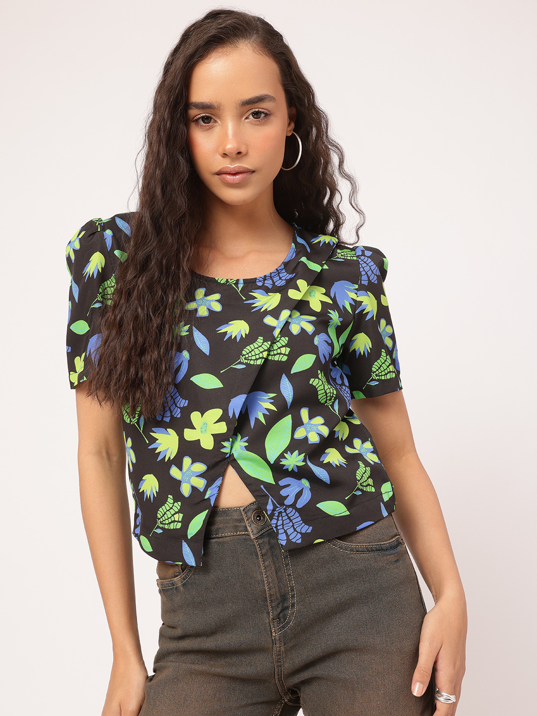 DressBerry Floral Printed Front-Slit Layered Top