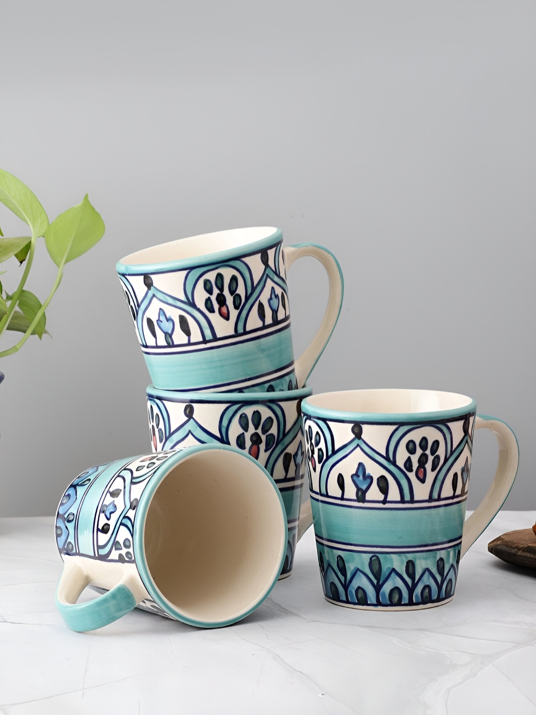 VarEesha Vogue Conical Blue Floral Ceramic Microwave Safe 4 Piece Mugs-250ml