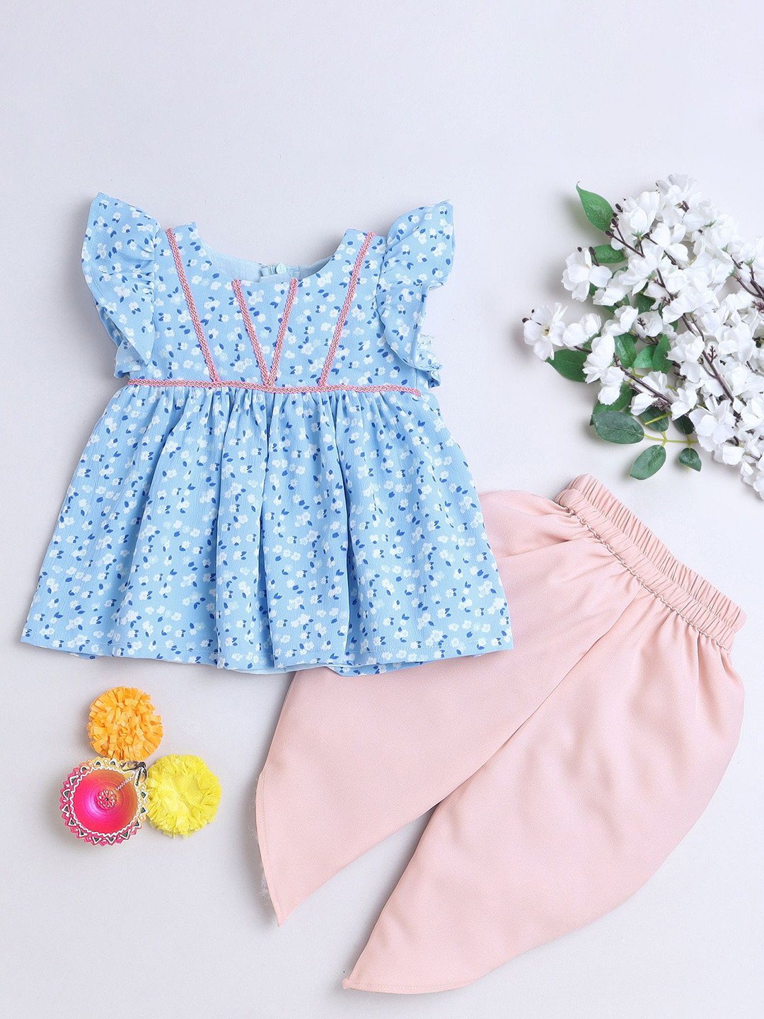 MANY FROCKS & Girls Floral Printed A-Line Kurti with Dhoti Pants