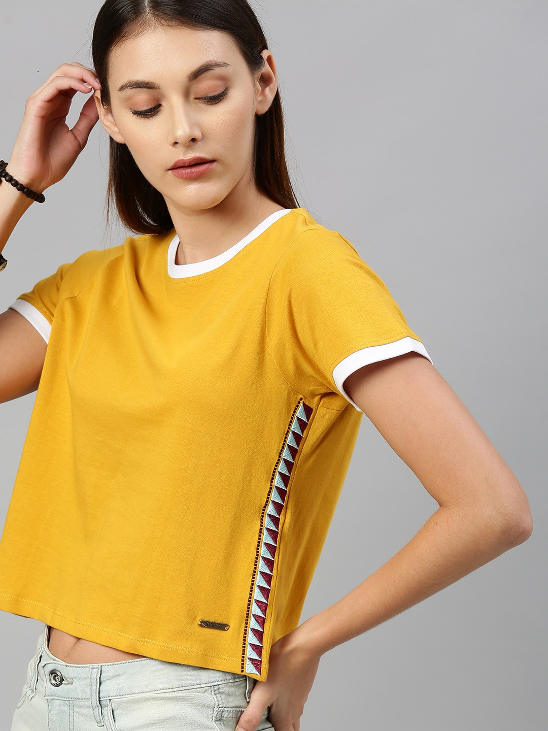 Roadster Women Mustard Yellow Solid Round Neck Cropped T-shirt with Embroidered Detail