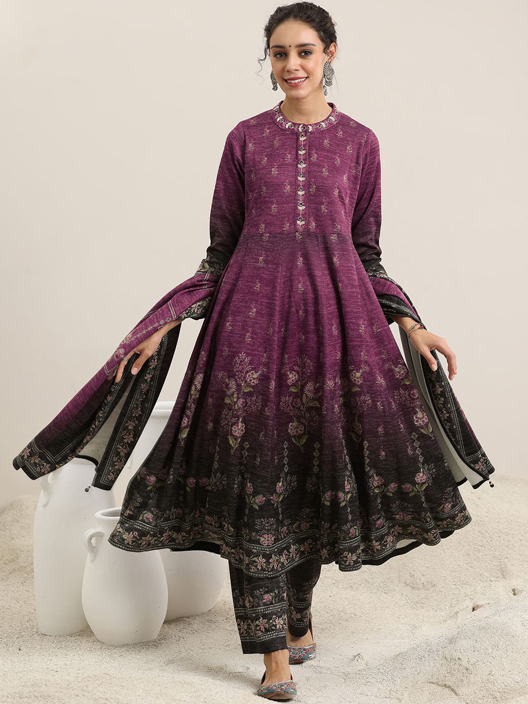 Libas Womens Burgundy Printed wool Anarkali Kurta With Palazzos & Dupatta