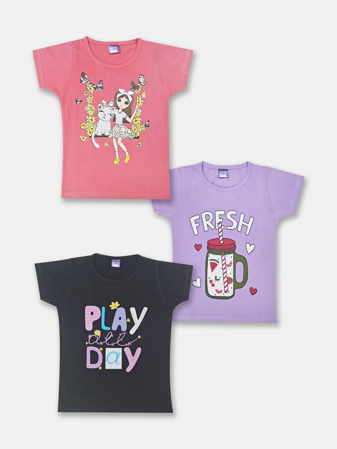 Here&Now X Game Begins Girls Pack of 3 Printed Pure Cotton T-shirts