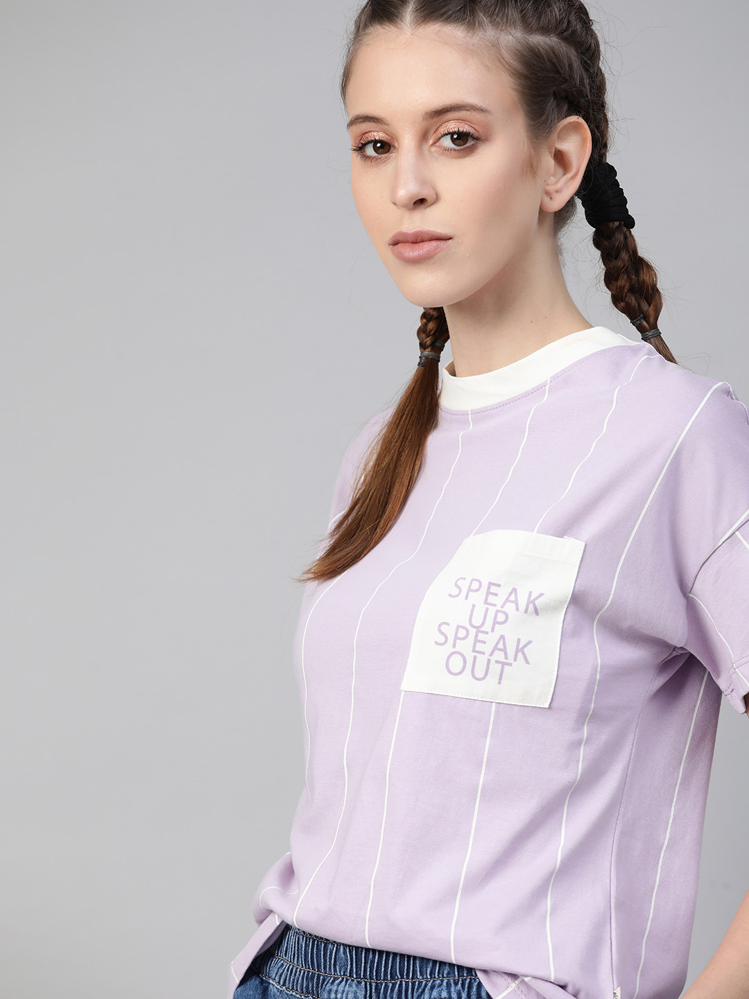Roadster Women Lavender  White Striped  Cotton Drop-Shoulder Sleeves  Cotton T-shirt