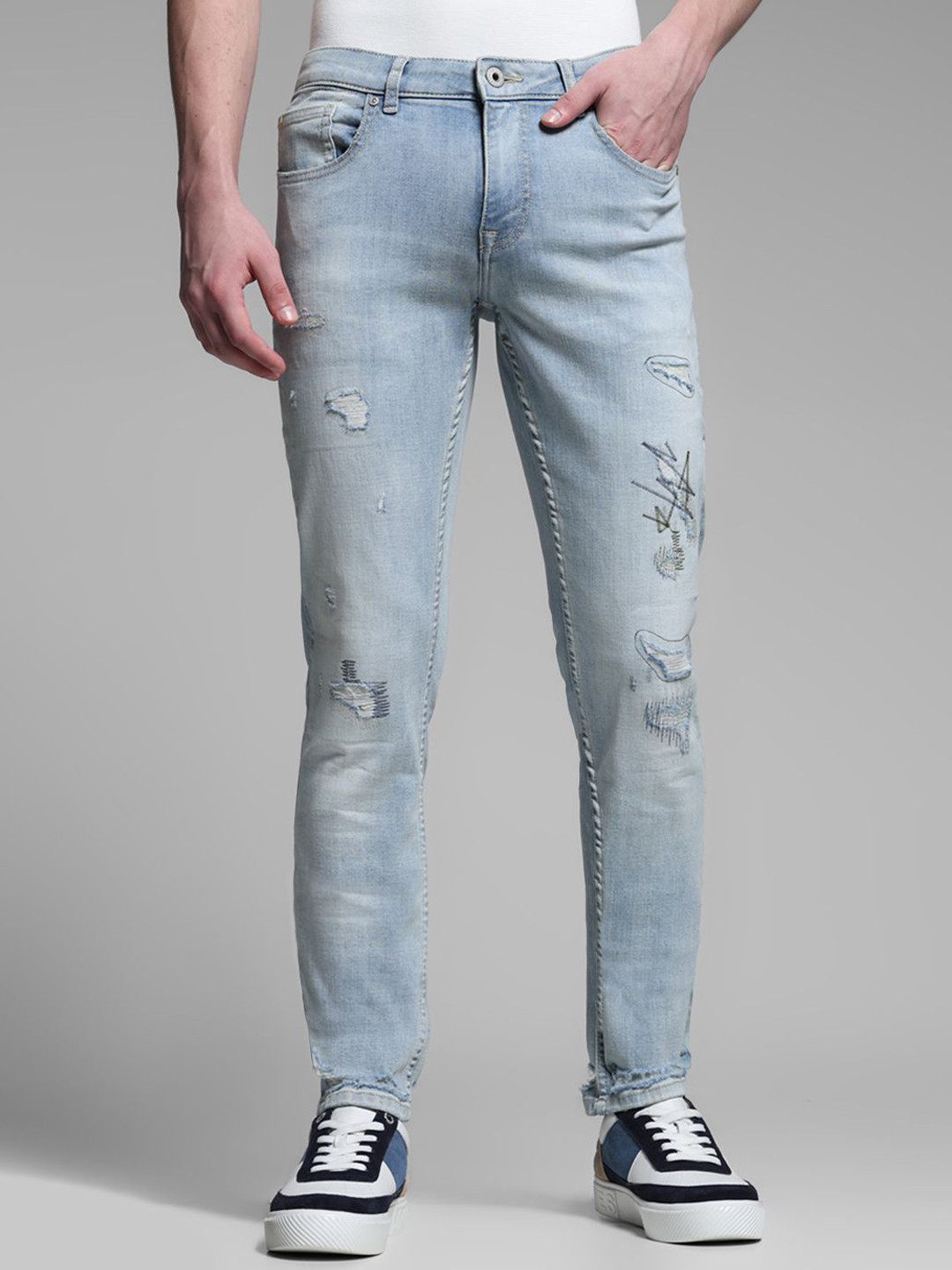 Jack & Jones Men Slim Fit Low-Rise Highly Distressed Light Fade Stretchable Jeans