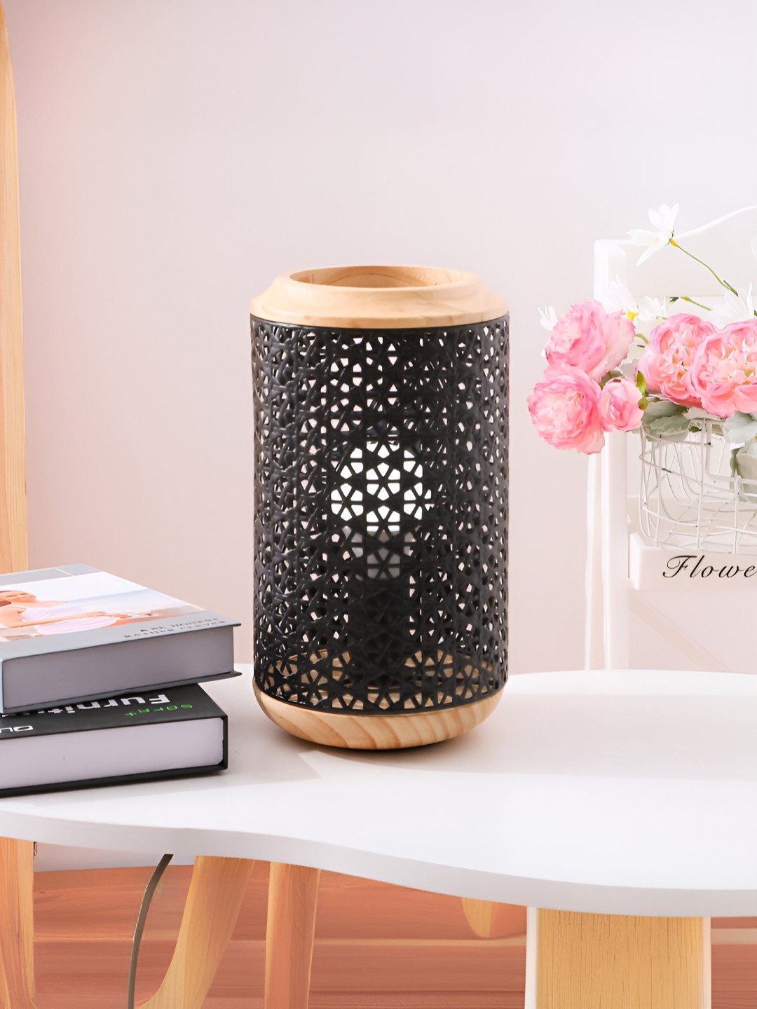 The Better Home Black & Brown Wood & Iron Textured Cylindrical Table Lamp