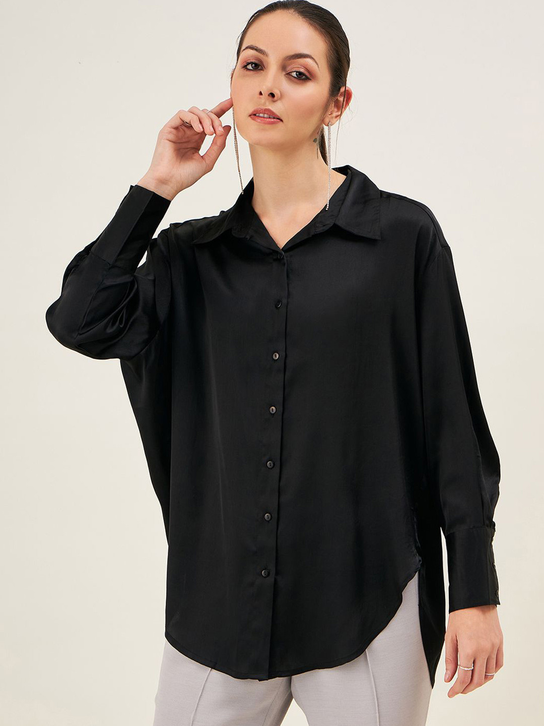 JUNE & HARRY Women Spread Collar Solid Satin Oversized Casual Shirt