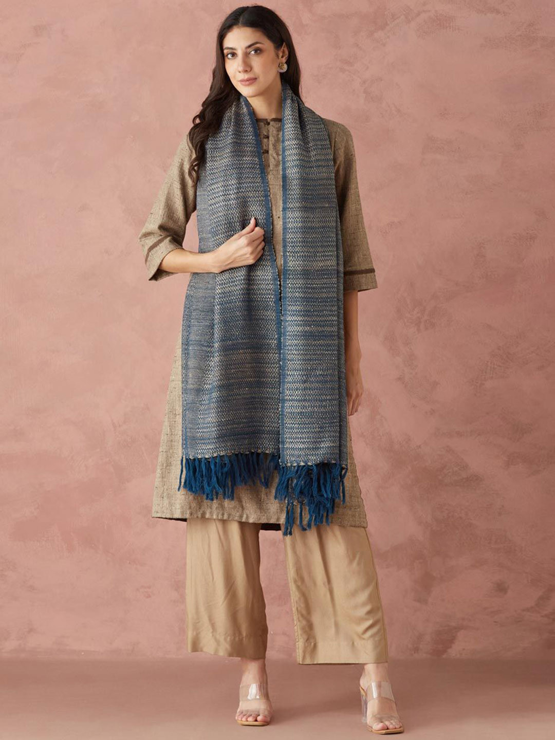 Fabindia Blue Wool Blend Woven Shawl