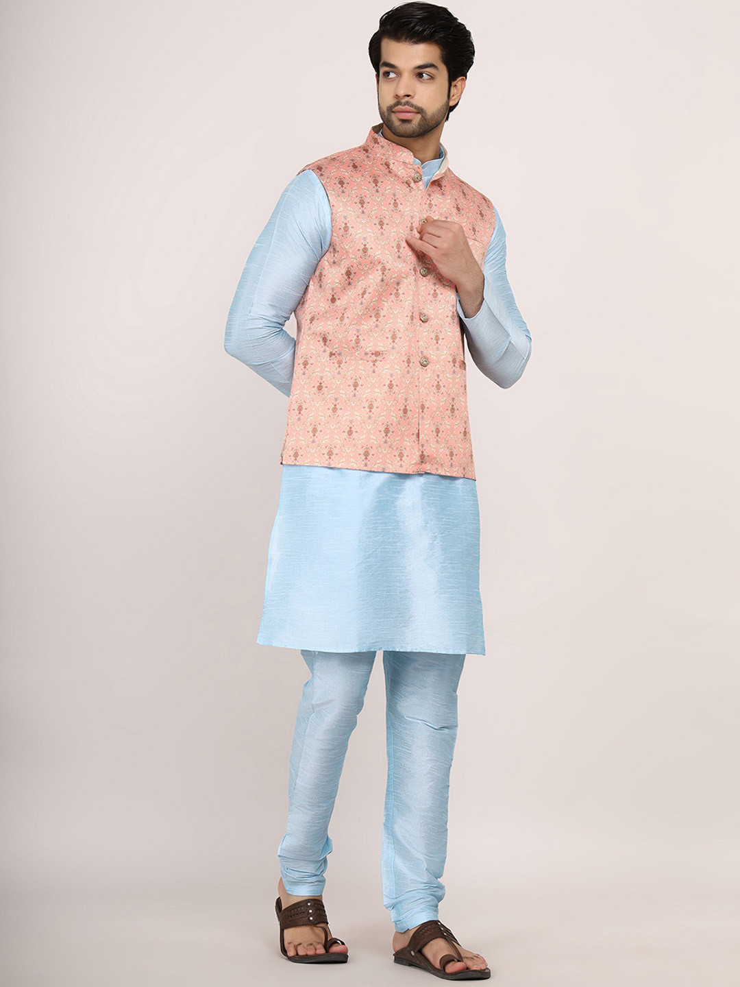 Sadree Mandarin Collar Long Sleeves Straight Kurta with Churidar & Nehru jacket