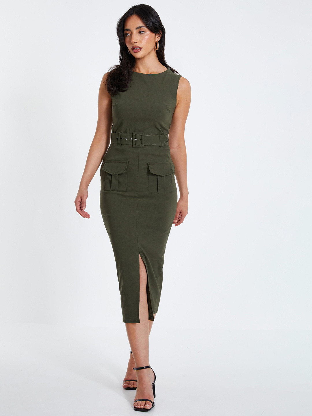 QUIZ Women Bodycon Belted Split Front Midi Dress