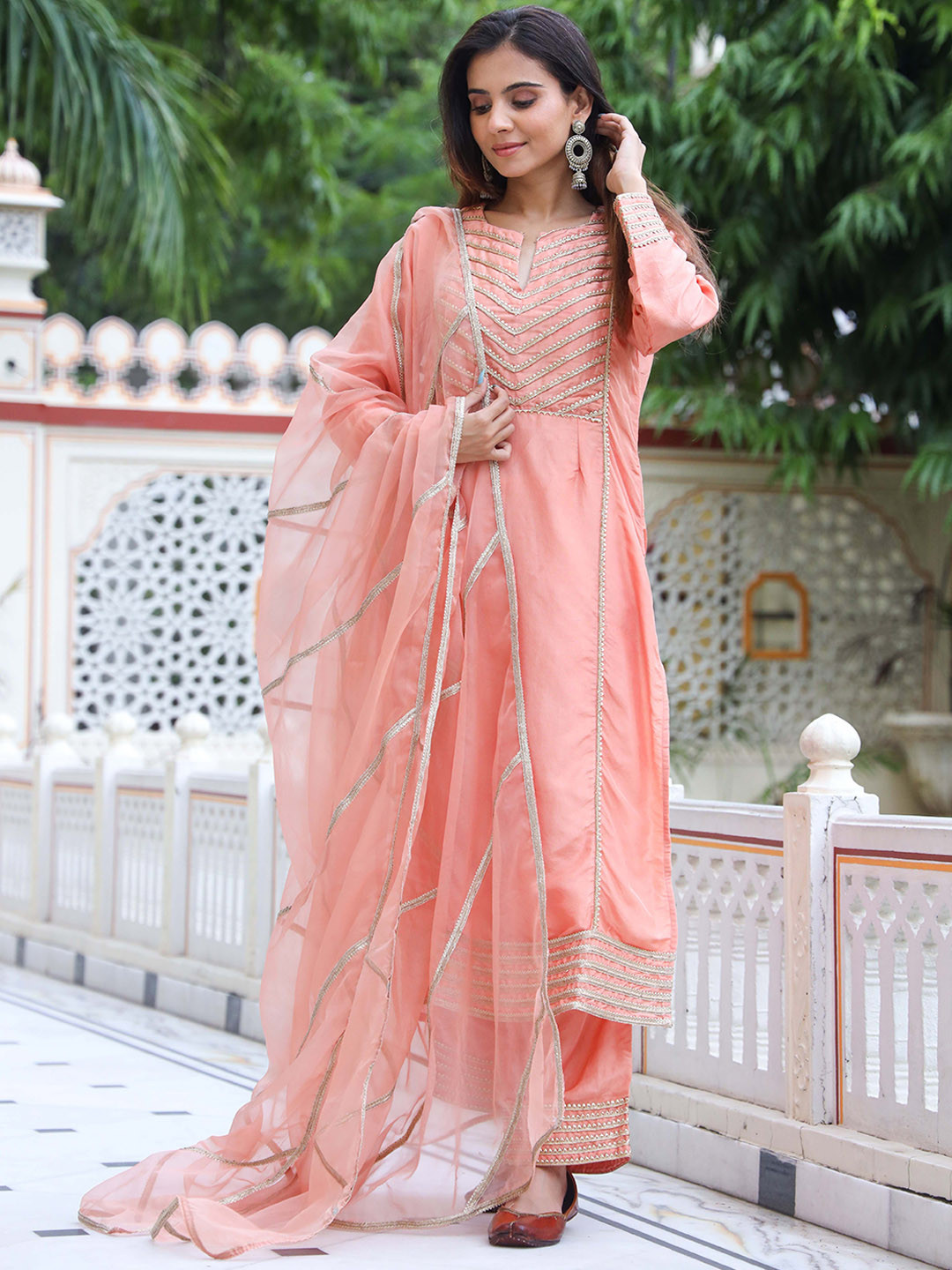 MAHUKAA Yoke Design Gotta Patti Straight Kurta with Palazzo & Dupatta