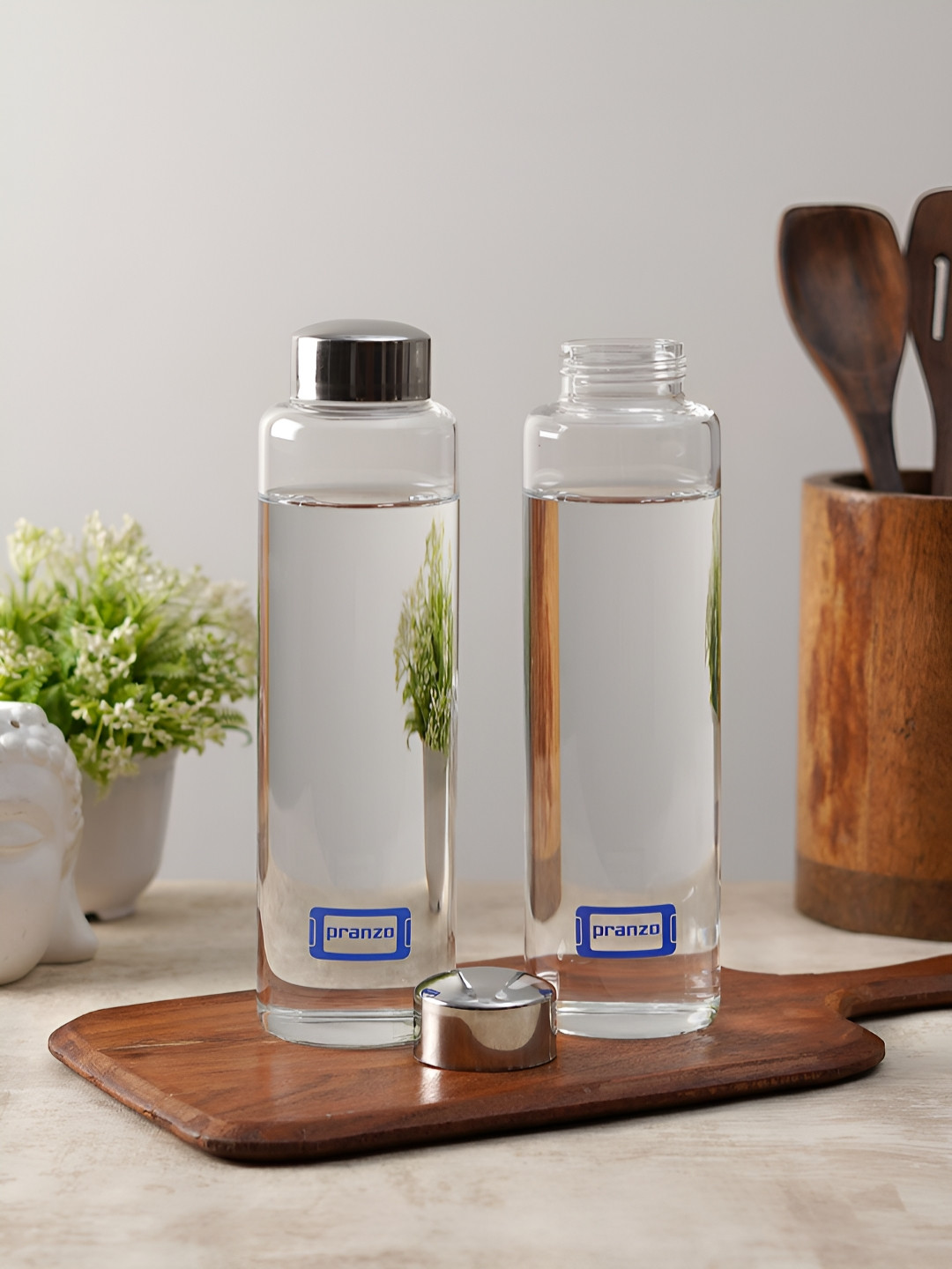 CDI Transparent & Blue 2 Pieces BPA Free Borosilicate Glass Solid Water Bottle 750 Ml Each