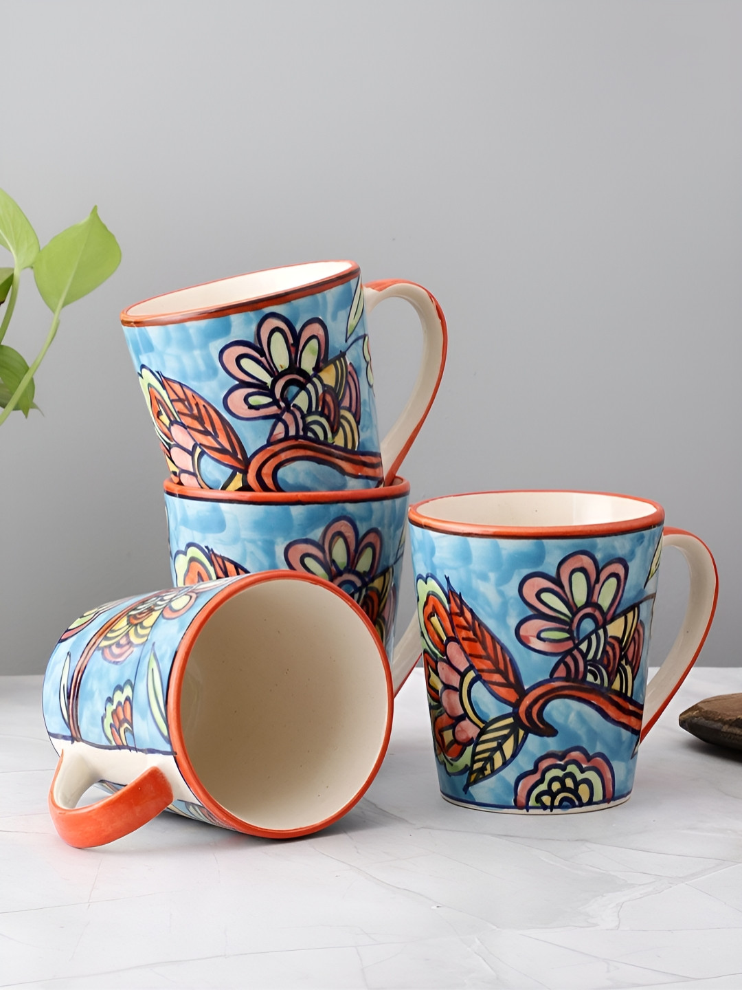 VarEesha Blue Floral Ceramic Hand-Painted 4 Piece Mugs-250ml