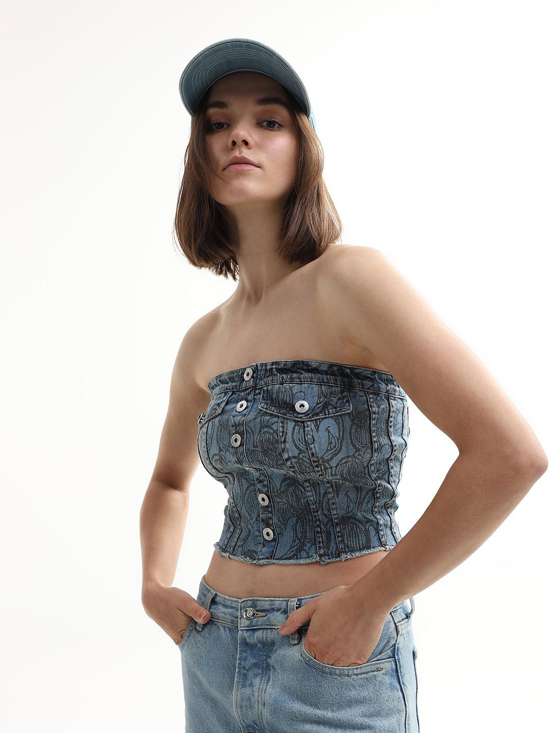 ONLY Print Off-Shoulder Cotton Denim Tube Crop Top