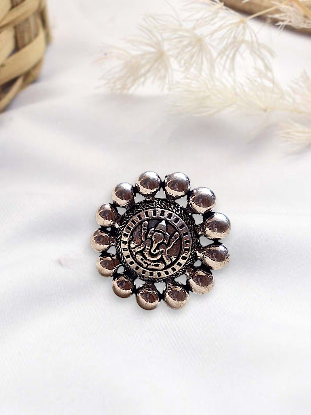 XAGO Le bhumi Silver-Plated Oxidised Ganesh Goddess Adjustable Finger Rings