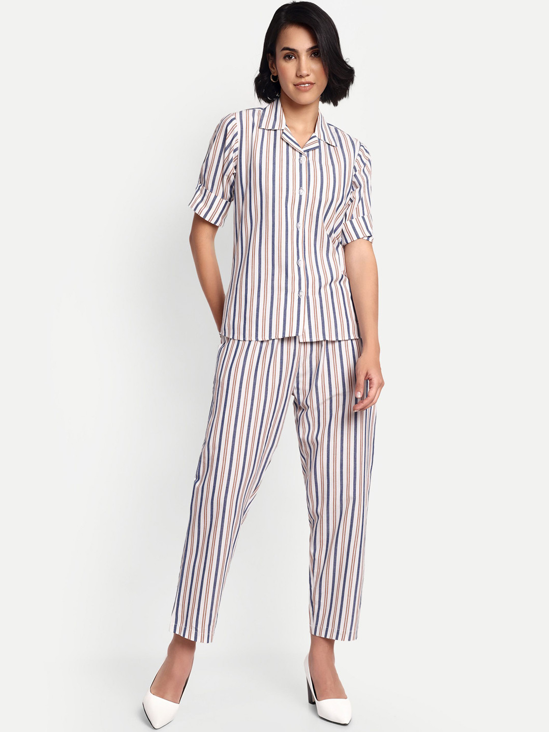 GAB Striped Pure Cotton Shirt & Trousers Co-Ords