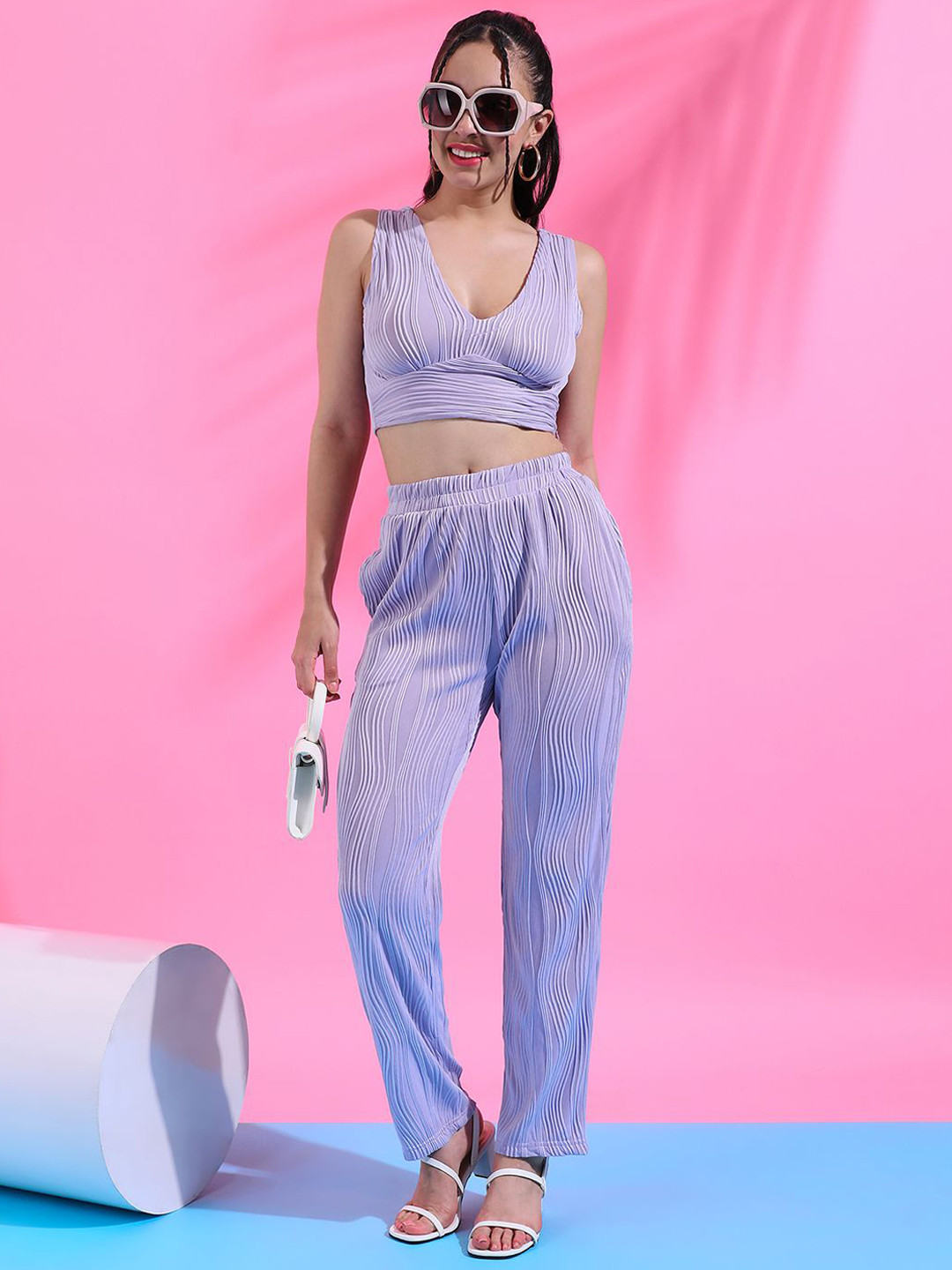 Lavender Striped V-Neck Sleeveless Top with Trousers