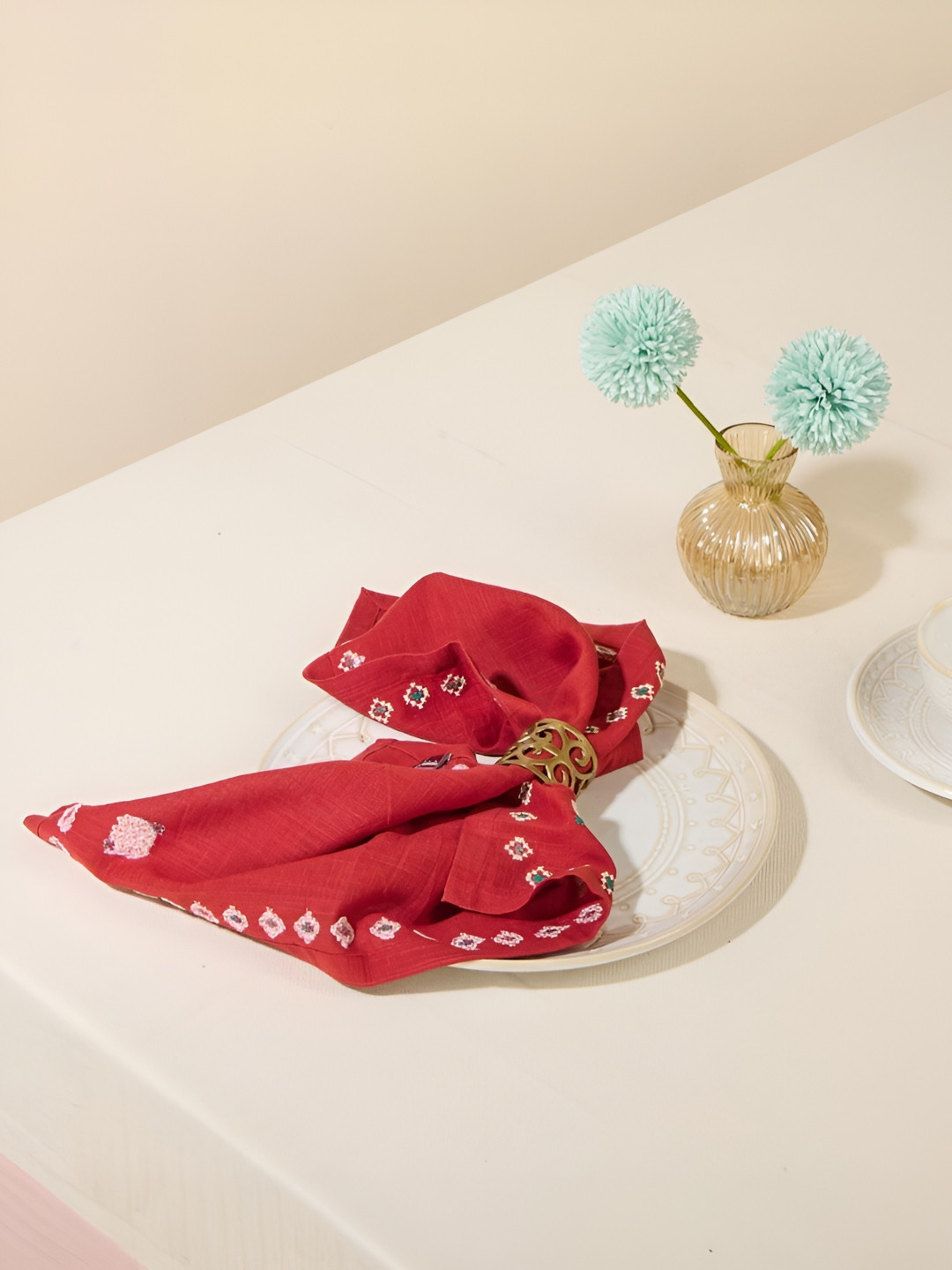 Fabindia Ahava Red & White 6 Pieces Floral Embroidered Cotton Table Napkins