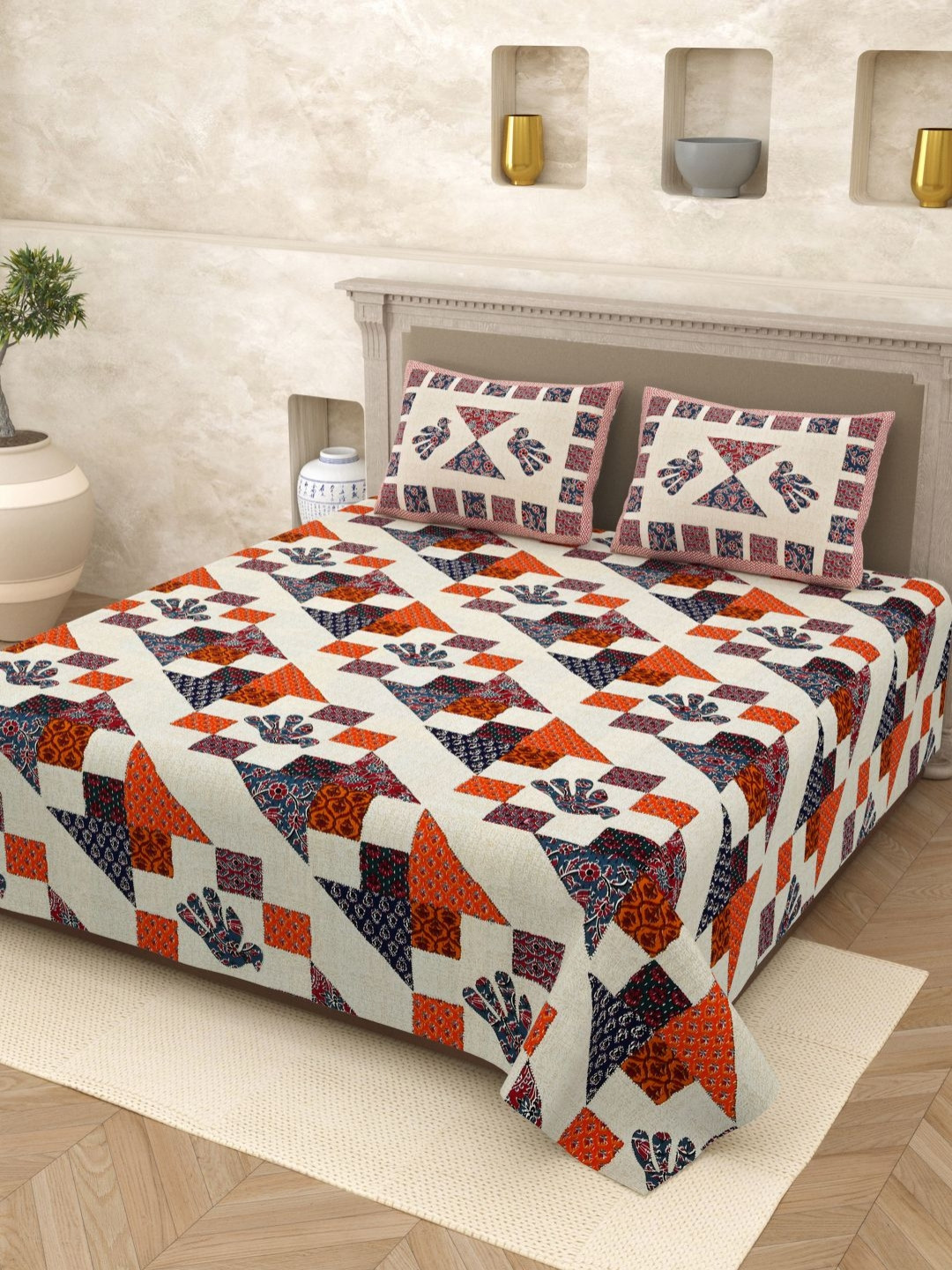 Homez Sparrow Opulent Collection Red Ethnic Motifs Pure Cotton 210 TC King Fine Bedsheet with 2 Pillow Covers-98 x 106 inches