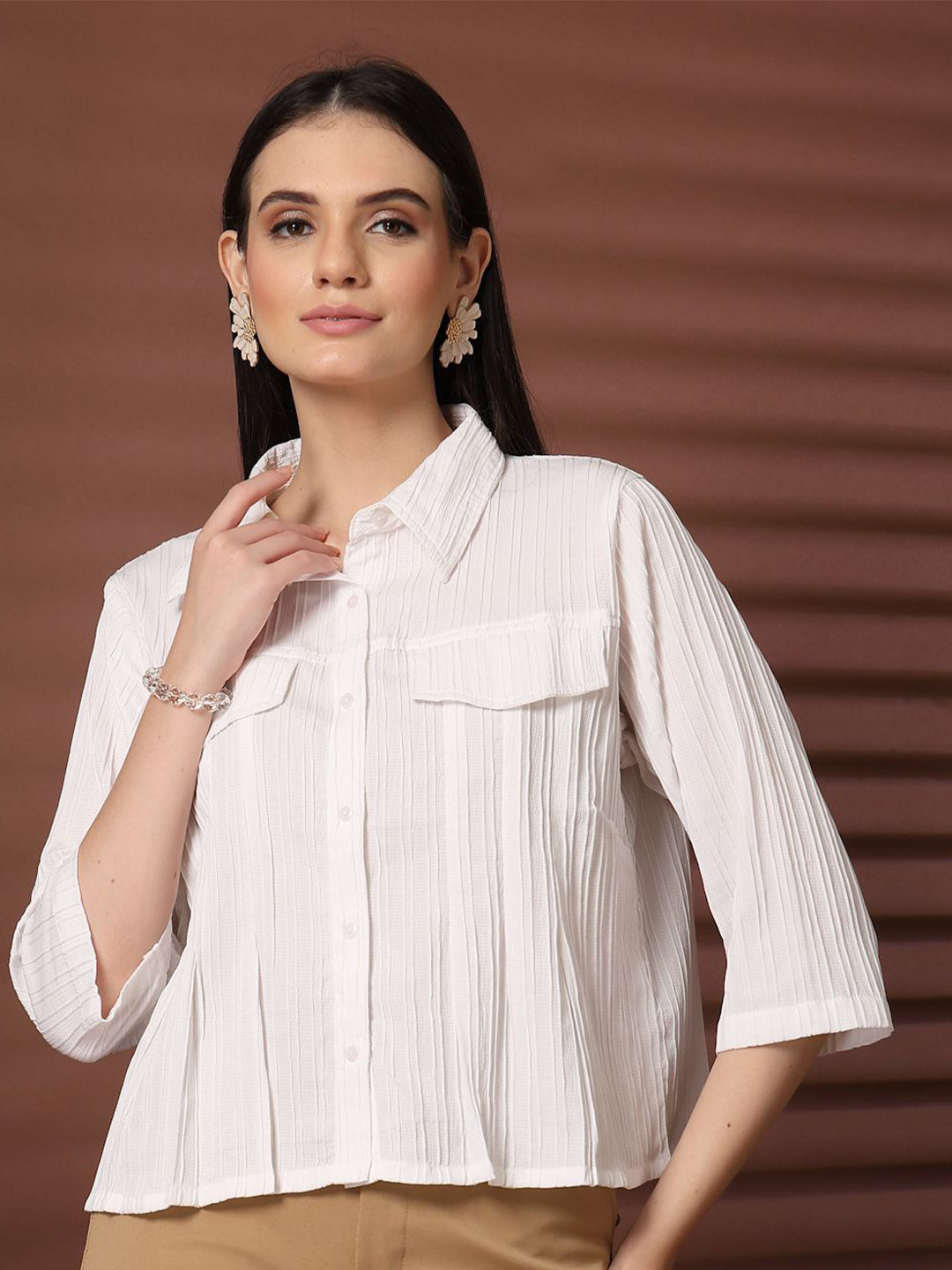 plusS Women Solid Shirt Collar Three-Quarter Sleeves Shirt Style Top