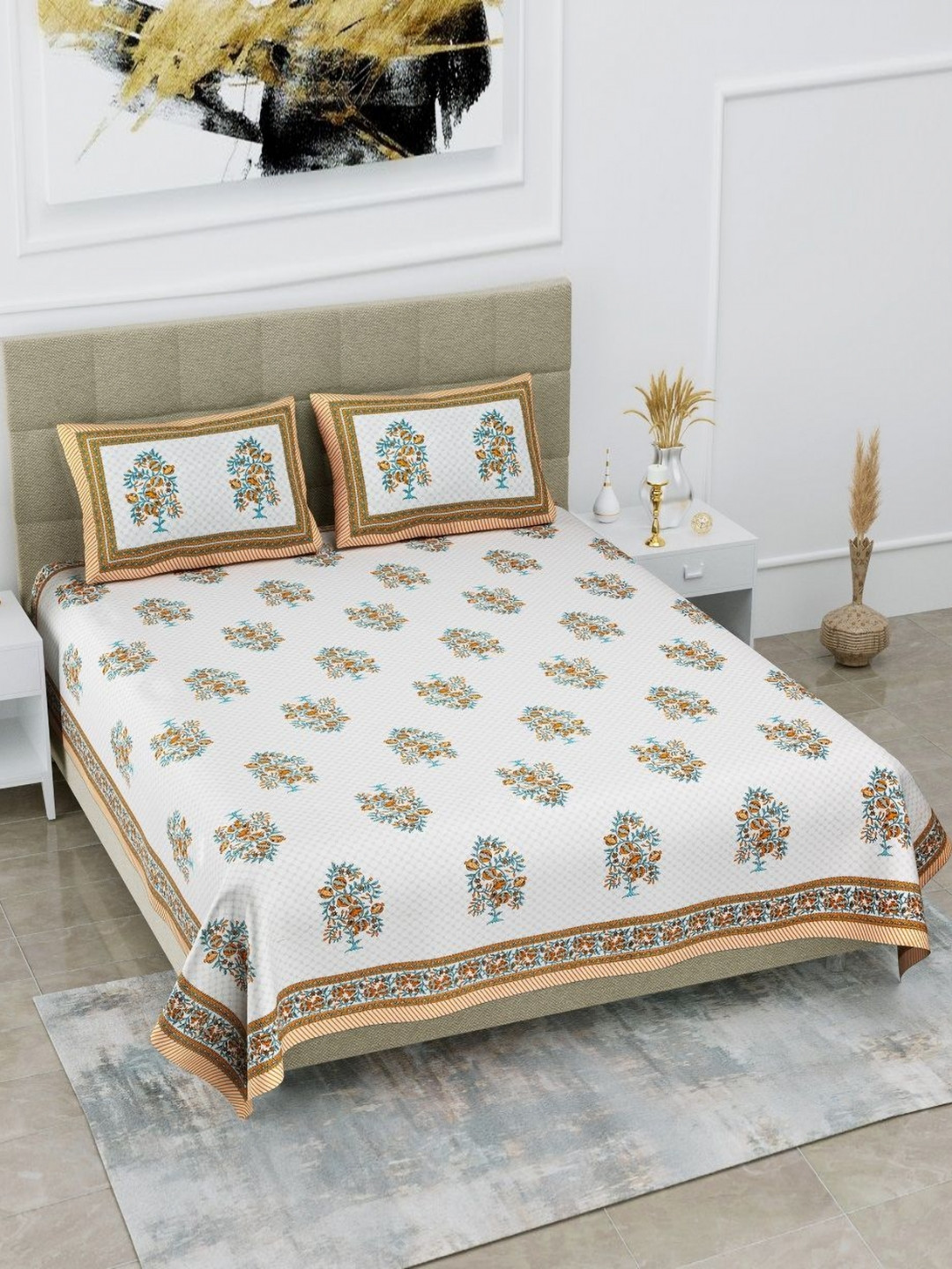 HOMELINE Orange Floral Cotton 180 TC Super King Fine Bedsheet with 2 Pillow Covers-108 x 100 inches