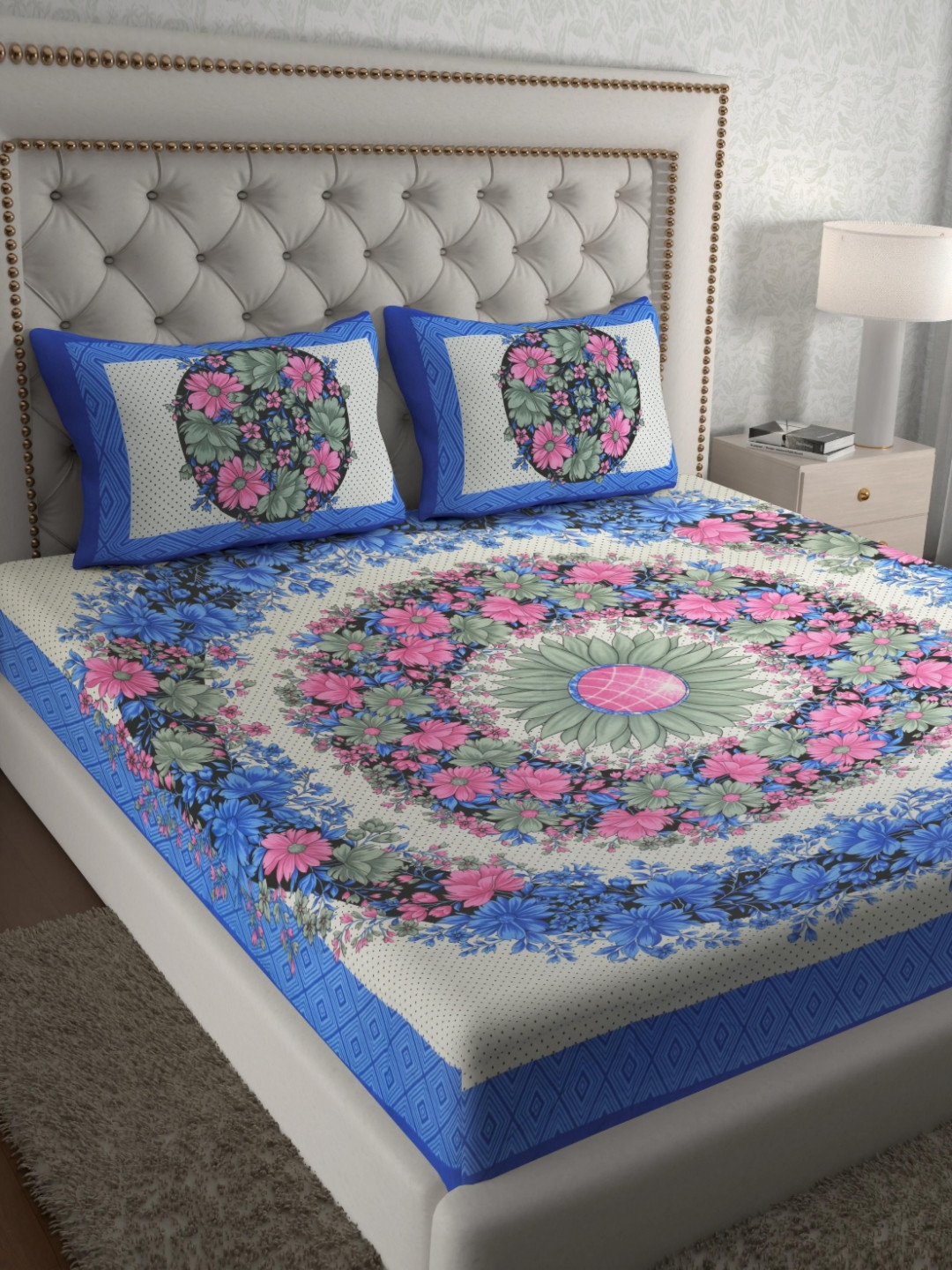 Aura Blue Floral Pure Cotton 120 TC Queen Bedsheet with 2 Pillow Covers-93 x 85 inches