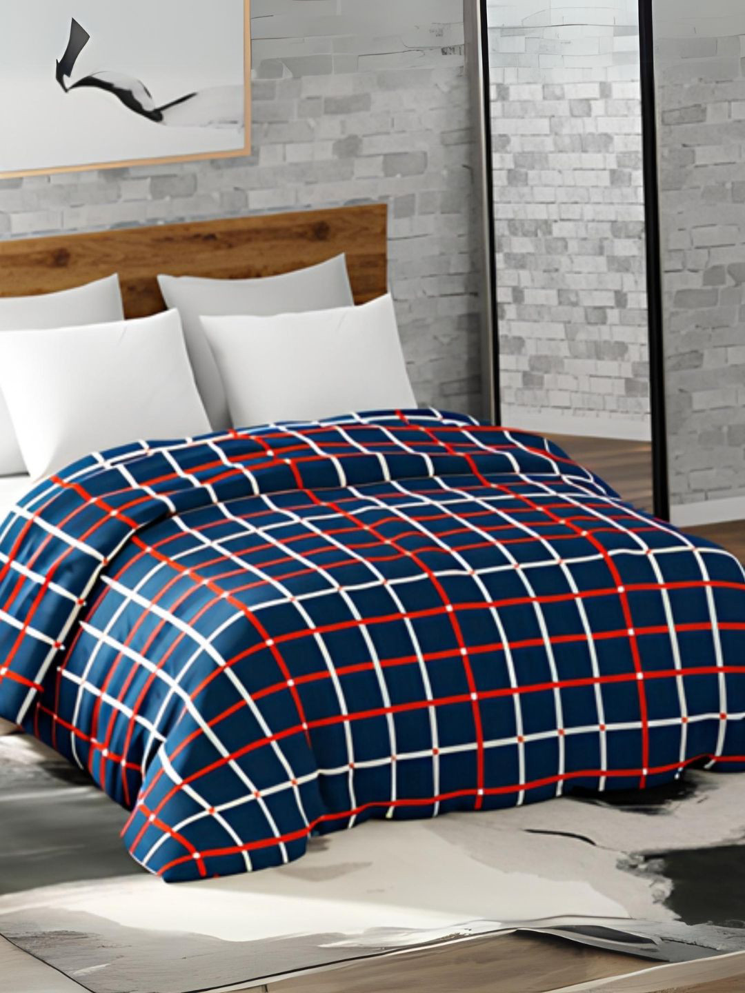 haus & kinder Navy Blue & Red Checked 450 GSM Reversible Double Bed Blanket