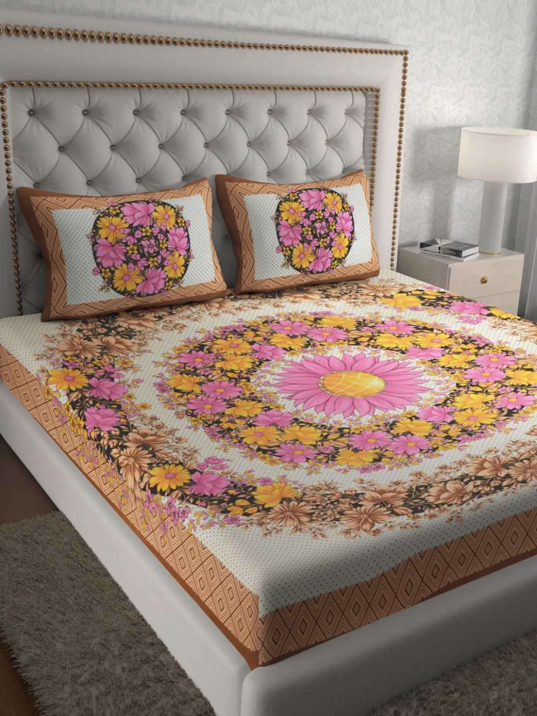 Aura Brown & Pink Floral Pure Cotton 120 TC Queen Bedsheet Set  2.35 x 2.15 Mts