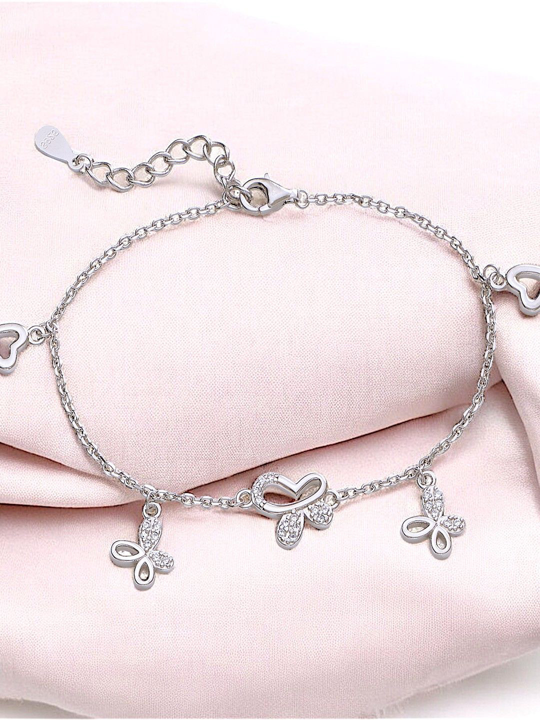 Taraash 925 Sterling Silver Cubic Zirconia Butterfly and Heart Charm Link Bracelet