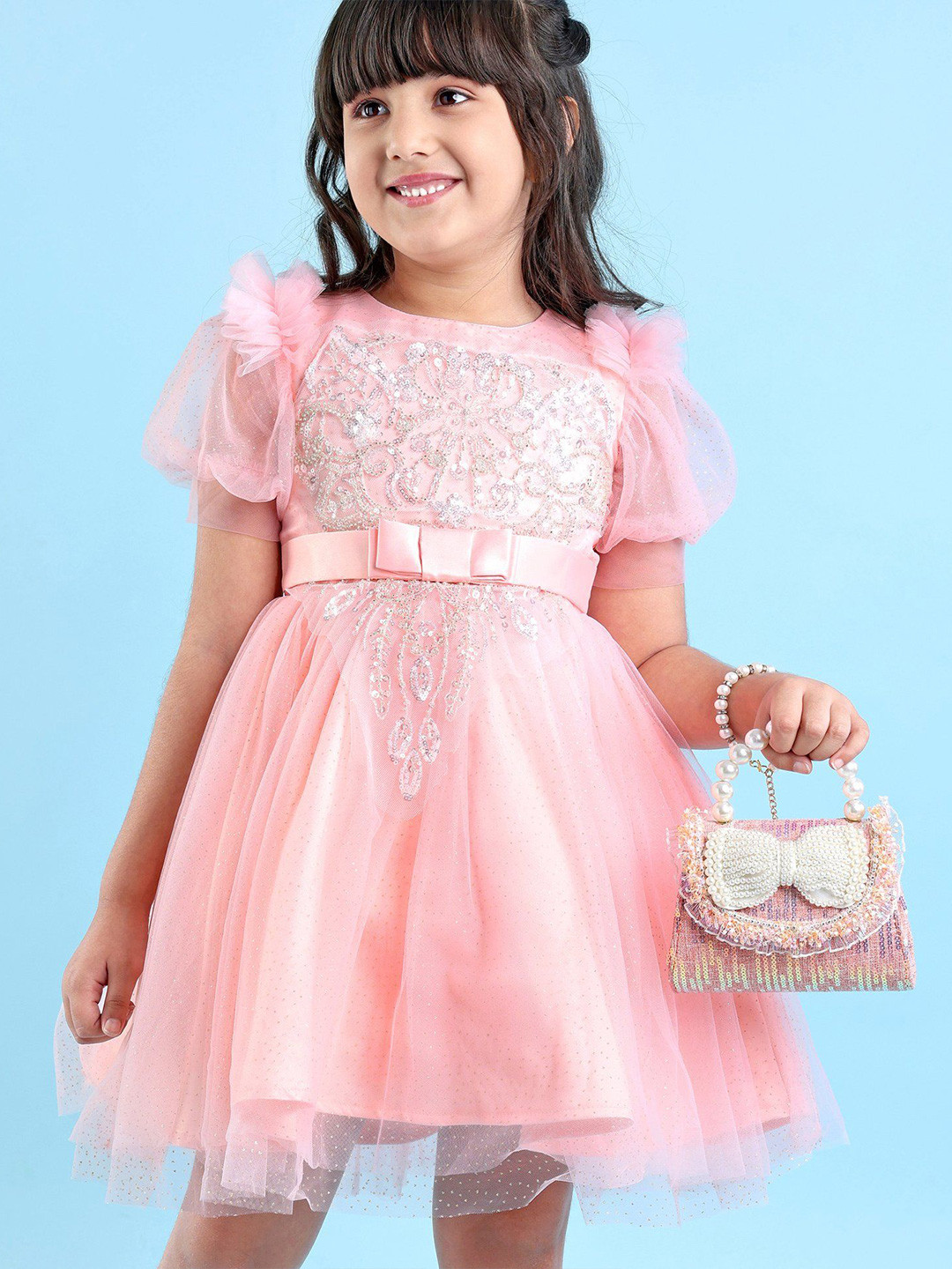 Mark & Mia Girls Sequine Embellished Half Sleeves Party Wear Fit & Flare Dress