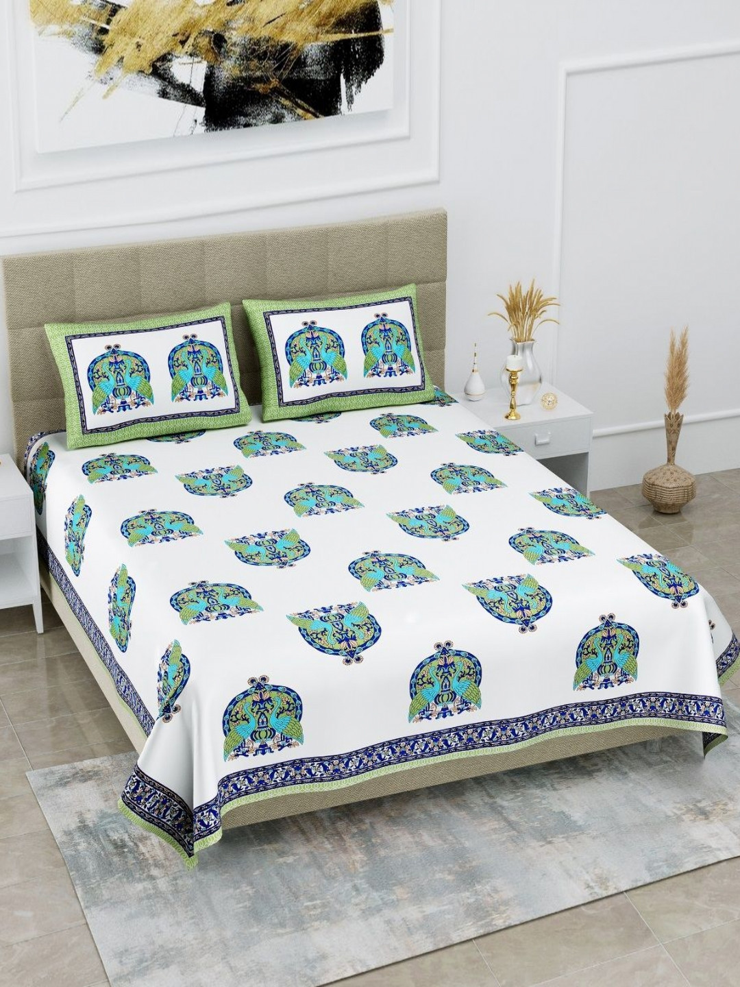 HOMELINE Green Ethnic Motifs Cotton 180 TC King Fine Bedsheet with 2 Pillow Covers-108 x 100 inches