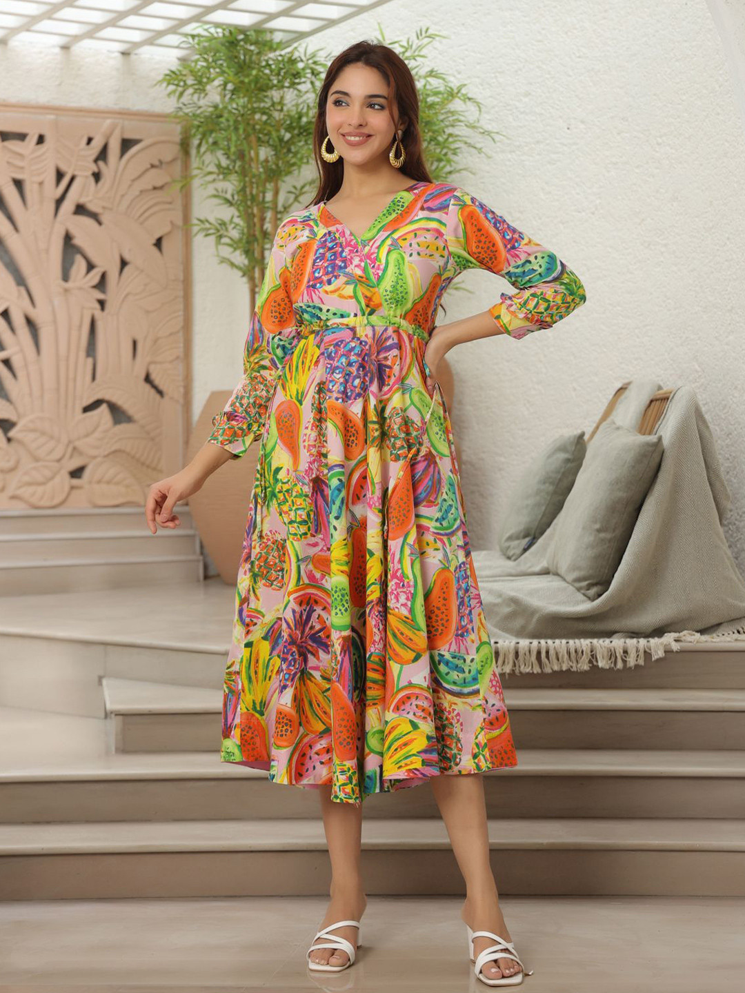 Rain & Rainbow Printed Tie-Ups Detail Cotton Fit & Flared Midi Ethnic Dress