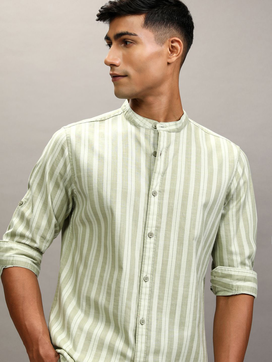 Highlander Men Cotton Linen Printed Striped Mandarin Collar Casual Shirt
