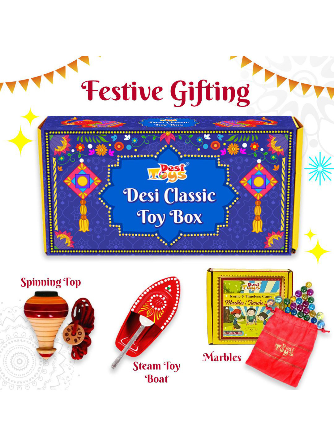 Desi Toys Wooden Spinning Top Lattu, Steam Toy Boat & Glass Marble Kanche Set