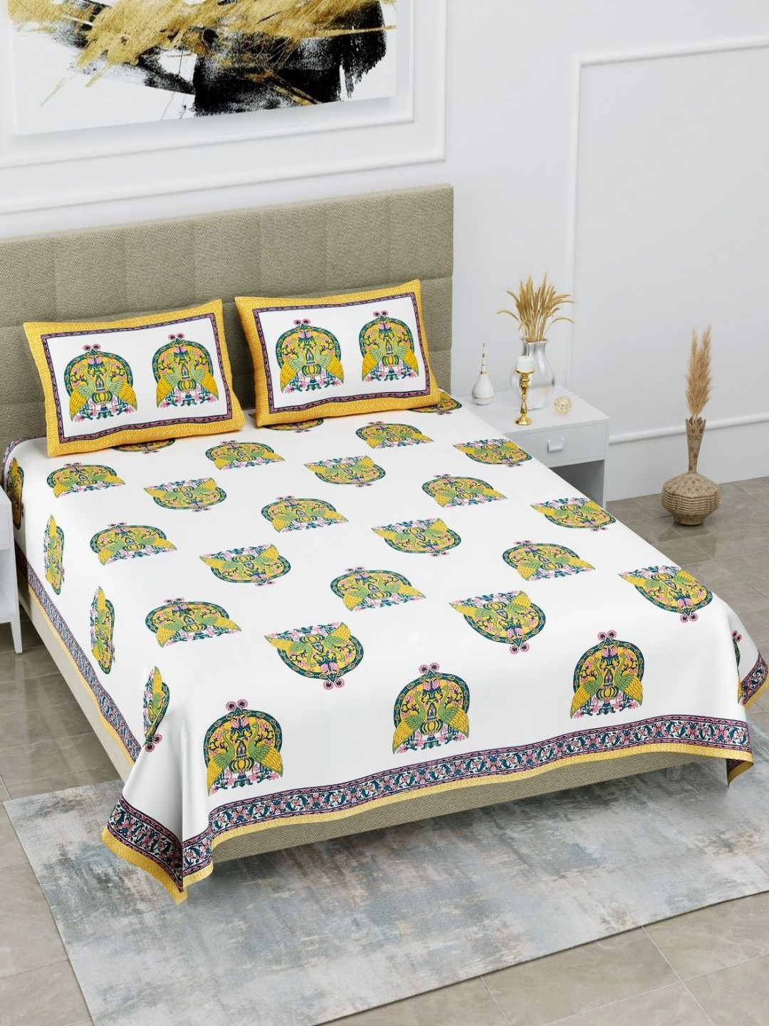 HOMELINE Yellow Ethnic Motifs Cotton 180 TC Super King Fine Bedsheet with 2 Pillow Covers-254 x 274 cm