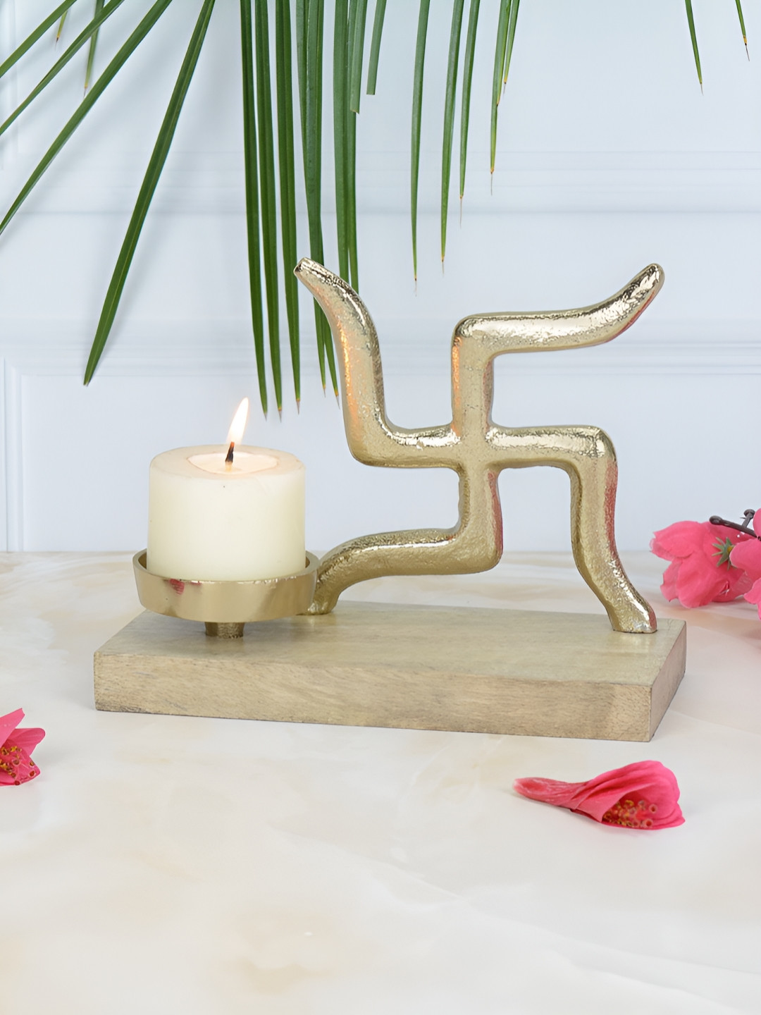 Maison Modern Gold-Toned and Brown Swastik Festive Candle Holder