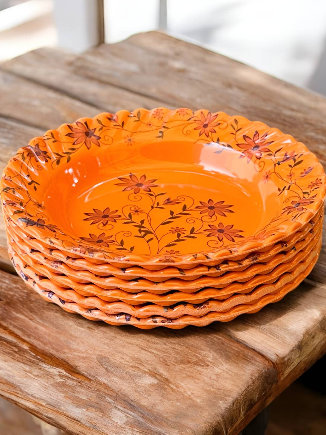 Gallery99 Orange 6 Pieces Floral Printed Melamine Glossy Plates
