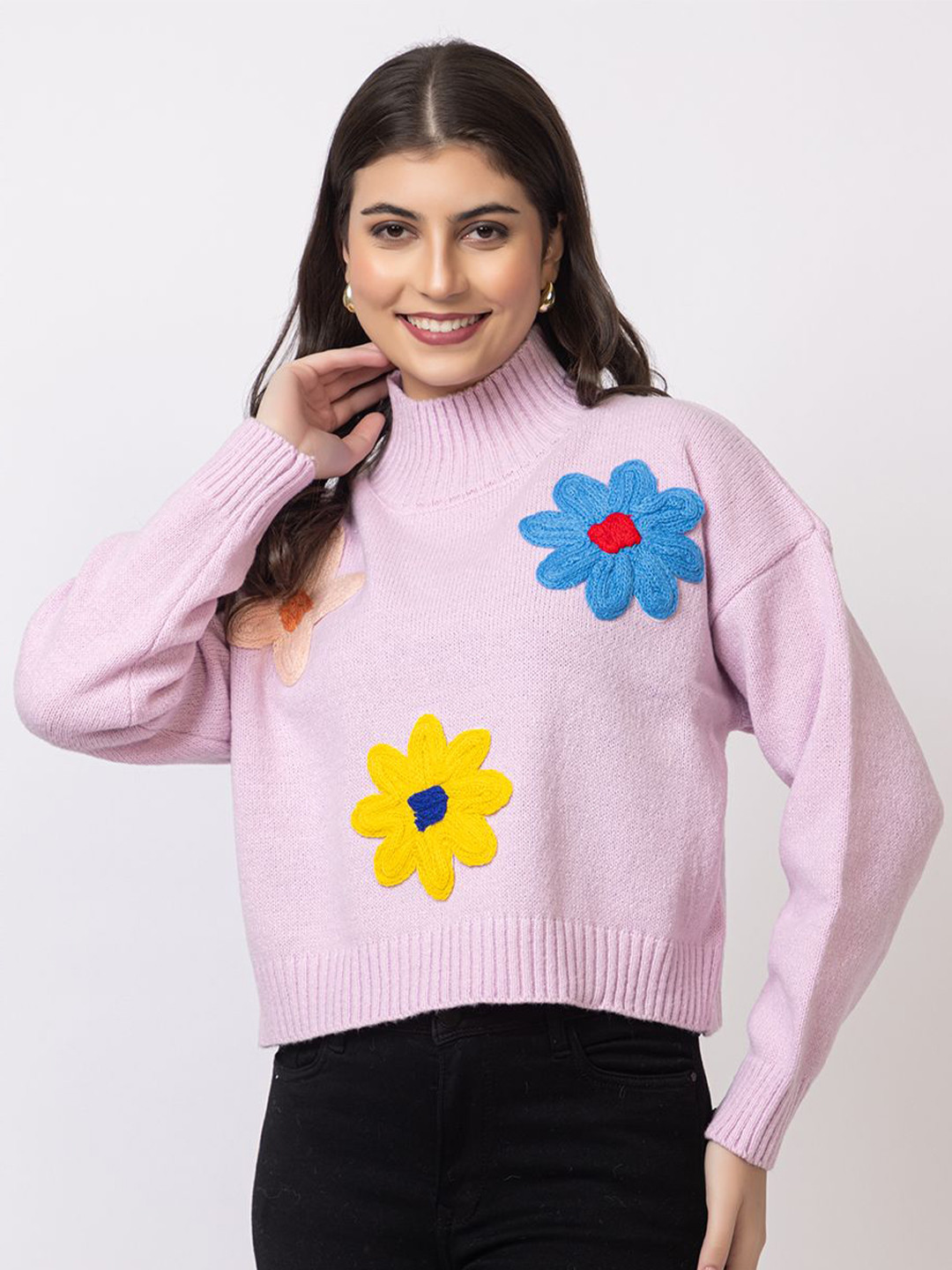 GFO Women Woollen Floral Self Design Turtle Neck Pullover Sweater