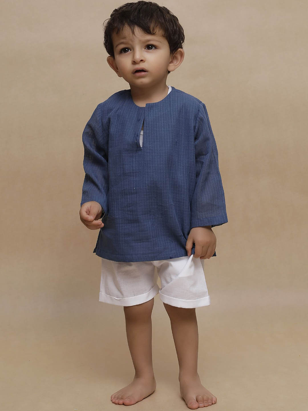 TJORI Boys Checked Woven Design Round Neck Pure Cotton Straight Kurta With Shorts