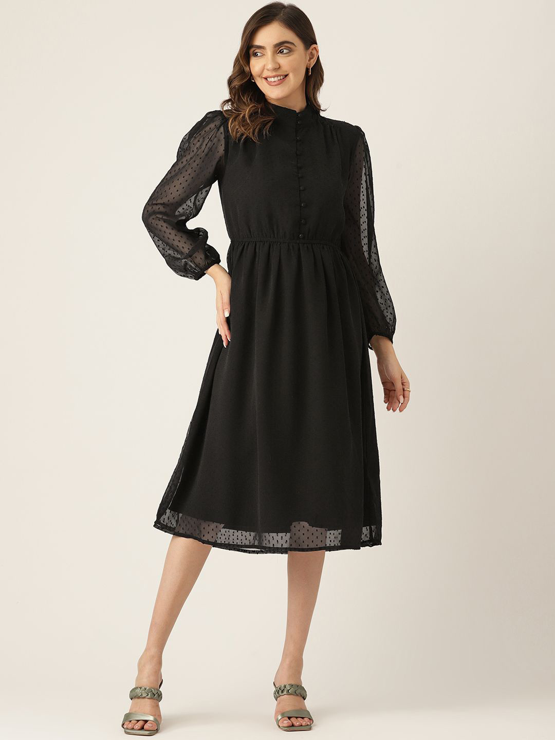 LABEL REGALIA Women Self Design Puff Sleeve Fit and Flare Midi Dress